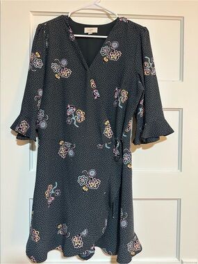LOFT Black Floral Wrap Midi Dress with Pastel Accents